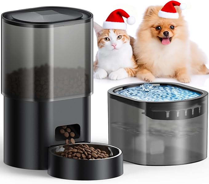 Automatic Cat Feeder and Water Fountain 5G WiFi Cat Food Dispensers, APP Remote Control, Programmable Timed Feeding,Dry Food Smart Feeder 10s Voice Recorder 1-10 Meals/Day for Cats Small Dogs