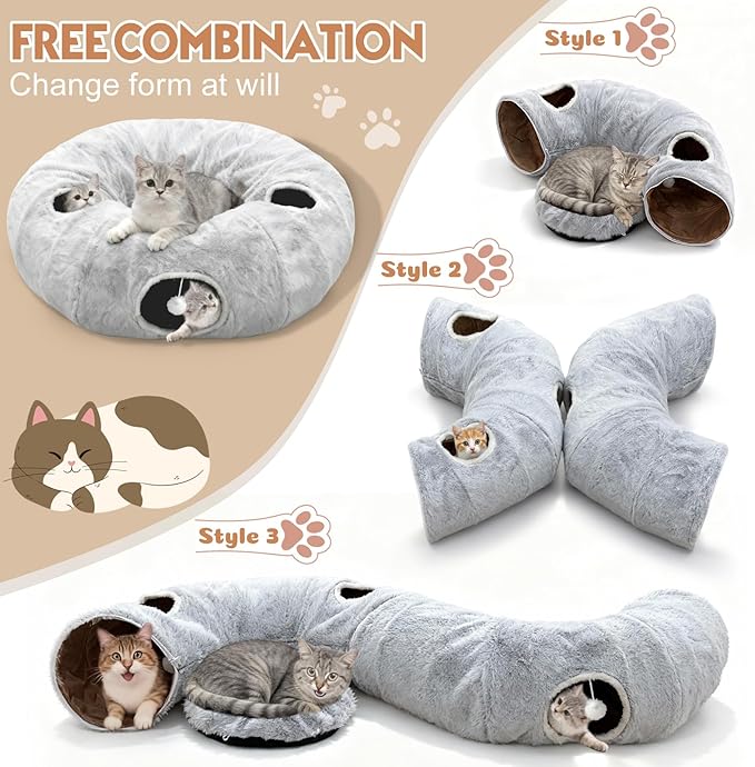 4-Holes Cat Tunnel Bed for Indoor Cats, Plush Donut Play Tunnel with Removable Cushion, Cats Hideout Play Bed with 11 Cat Toys, Cozy Round Cat Cave for Multiple Cats, Kitten/Puppy/Rabbit(Grey)