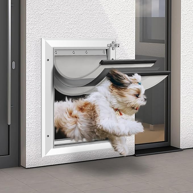 [Petoasis] 3-Flaps Heavy-Duty Dog Door for Wall, Rust Proof Aluminum Alloy Frame, Extreme Weather Dog Door Can Block Wind, Snow, and Rainwater Intrusion (Silvery White, Large for Wall)