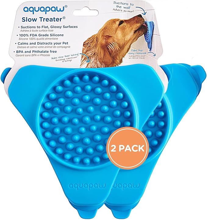 Aquapaw Suction Cup Lick Mat for Dogs - Bath Time Lick Mat for Bathtub - Mental Stimulation Slow Feeder Pad - Peanut Butter Treat Holder - 2-Pack, Regular, Blue
