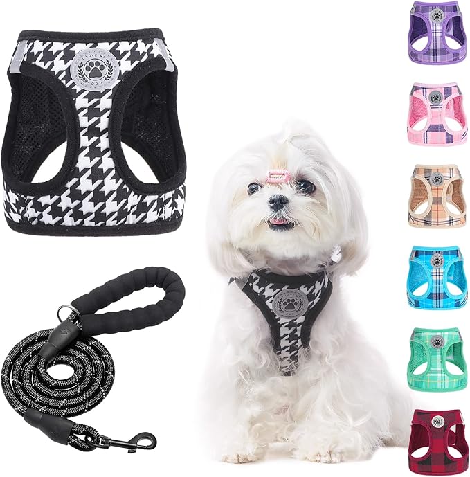 BEAUTYZOO Small Dog Harness and Leash Set,Step in No Choke No Pull Soft Mesh Dog Harnesses Reflective for Extra-Small Medium Puppy Dogs and Cats, Plaid Dog Vest Harness for XS S Pets, Black S