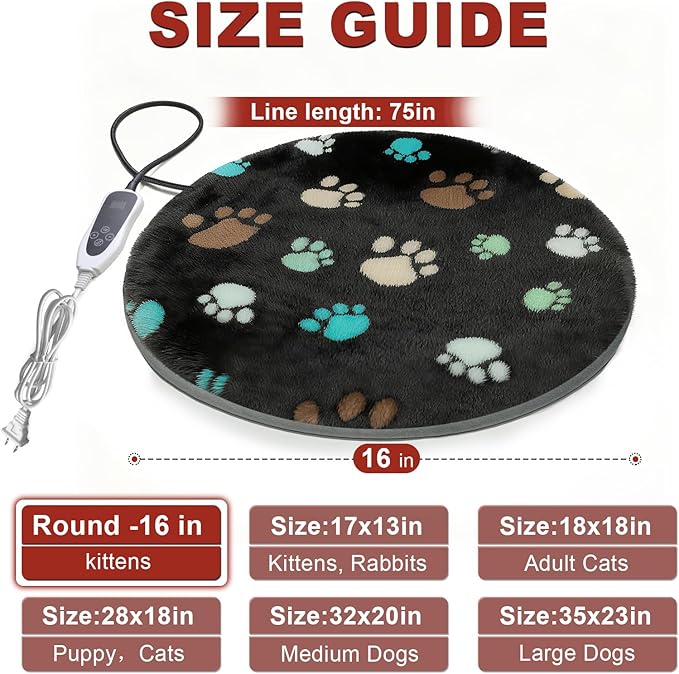 Cat Heating Pad Round 16in,Waterproof Outer Skin and Smart Thermostat Switch, Adjustable Heated Cat Bed, Adding Wire Rope Wires Small Dog Warming Pad