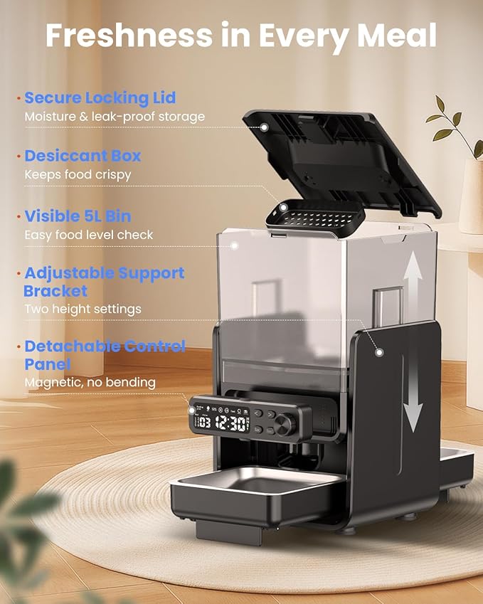 Automatic Cat Feeder for 2 Cats, 5L/20 Cups Food Dispenser with Adjustable Raised Double Bowls, Detachable Control Panel, Timed Cat and Dogs Feeder for Dry Food, Dual Power Supply