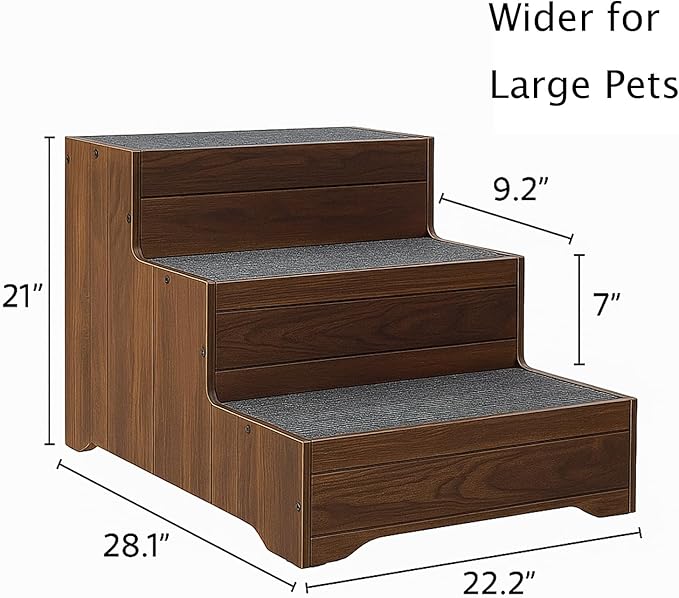 Furniture Dog Stairs for Large Dogs, Wooden Wide Pet Steps, Non-Slip 3-Step Stable Dog Ladder for High Bed,Couch,Sofa – Upgraded Solid Stair for Senior, Injured, Recovering, Short-Legged Pets,Walnut