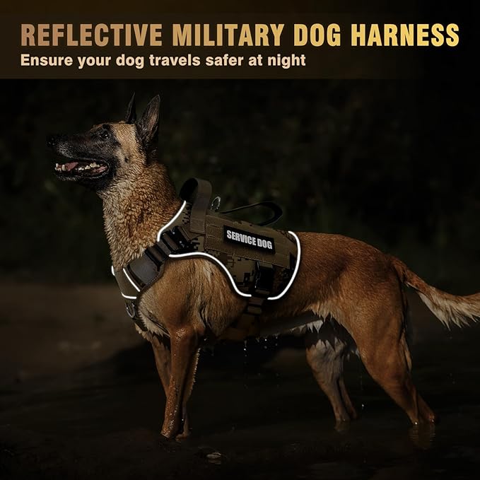 WINSEE Tactical Dog Harness for Large Dog, Heavy Duty Service Dog MOLLE Vest with 10 Pet Patches, No Pull Military Working Vest for Training Hunting Walking