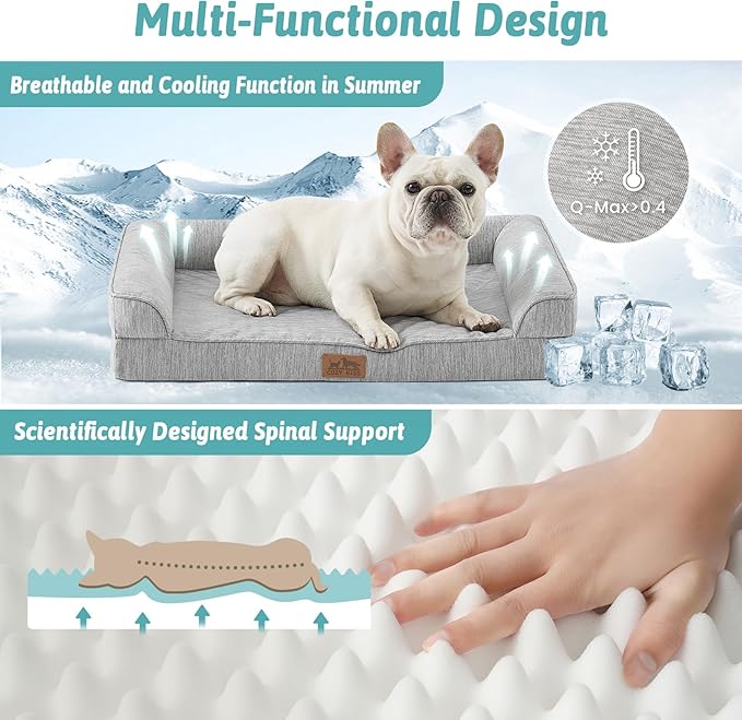 Cooling Dog Bed, Orthopedic Foam Dog Bed with Sides, Removable Washable Cover & Waterproof Lining and Nonskid Bottom, Comfortable Pet Beds for Small Dogs, Grey (30" L x 20" W x 6" Th)