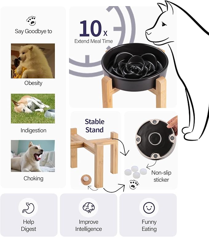 Black Ceramic Slow Feeder Dog Bowl for Medium and Large Breed,Elevated/Raised 1.5 Cup 8.26 in Slow Feeding Bowl,Puzzle Dog Food Bowl for Fast Eater,Maze Dish for Fast Eater