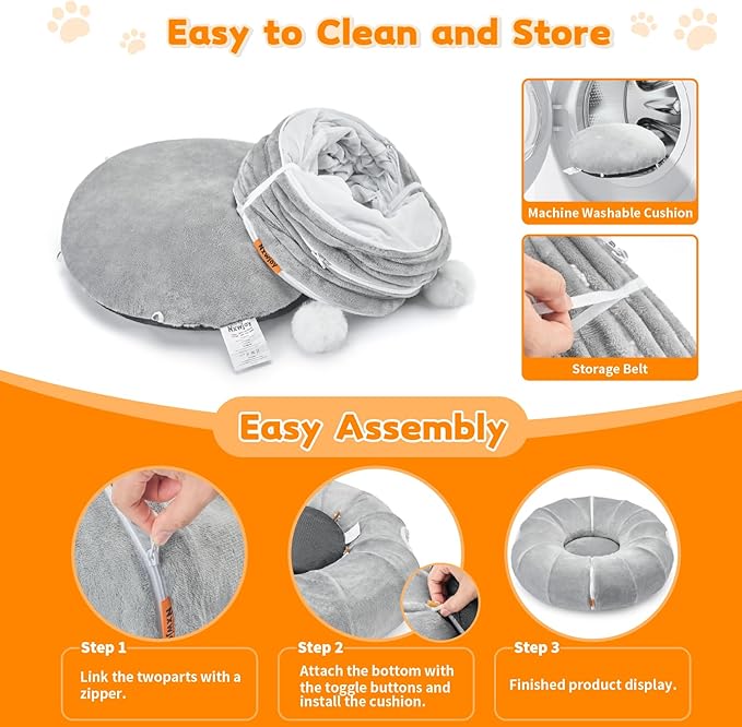 Cat Tunnel Bed for Indoor Cats 35.5 Inch XL Cat Donut Tunnels Cute Tubes Round Pet Play Tunnel Toy for Kitten Puppy Rabbit with Washable Circle Cushion Grey