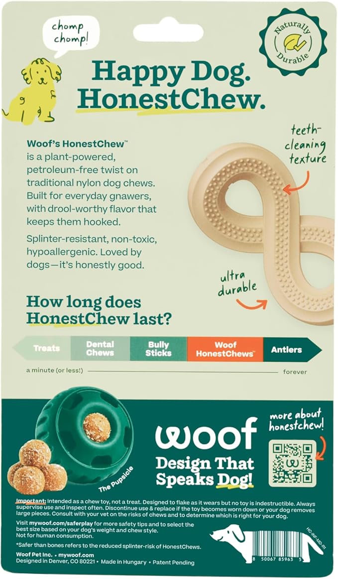 WOOF HonestChew Dog Toy Infinity - Durable Dog Chews - Made with Natural, Plant-Based Ingredients - Splinter-Resistant - Safer Than Dog Bones - Medium