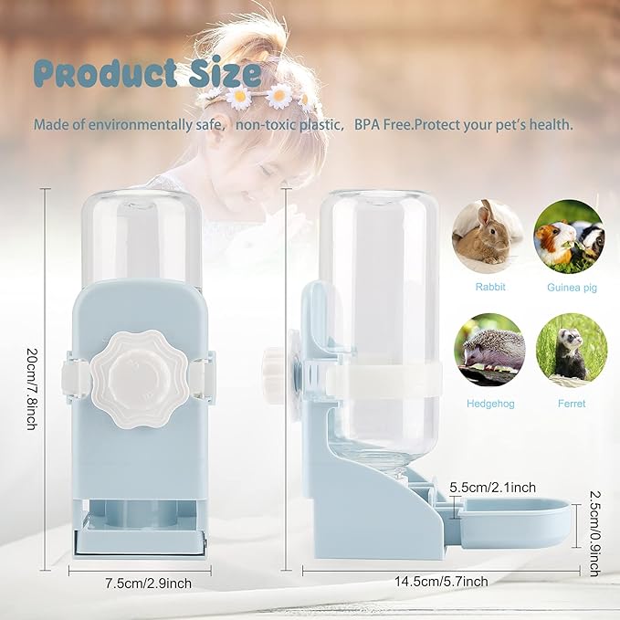 Rypet Rabbit Water Bottle No Drip - 17oz Hanging Water Fountain Automatic Dispenser Pet Cage Water Feeder for Bunny Chinchilla Guinea Pig Hedgehog Ferret Blue
