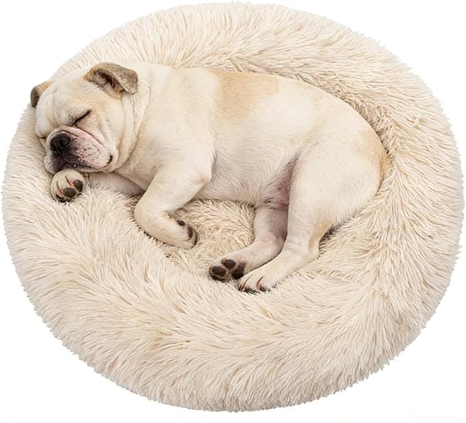 Calming Donut Dog Bed Medium Size Dog - Washable Removable Cover Non-Slip Bottom, Round Pet Bed Cat Bed Warming Fluffy Plush Faux Fur Anti-Anxiety, Fits up to 45 lbs (Beige, 30")
