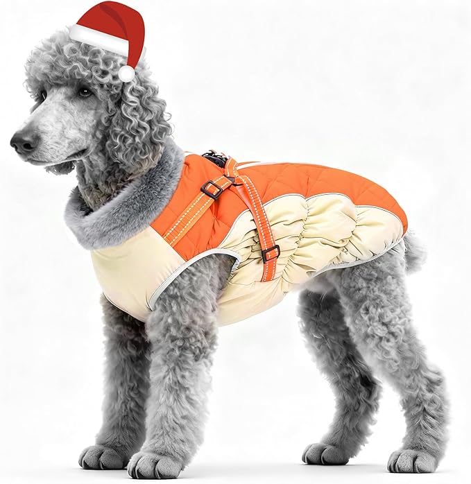 Dog Winter Coat with Harness, Dog Jacket, Pet Clothes with Zipper on Back, Waterproof Windproof Warm Vest, Reflective Cold Weather Coats, for Small Medium Large Dogs, Thick, Orange, M