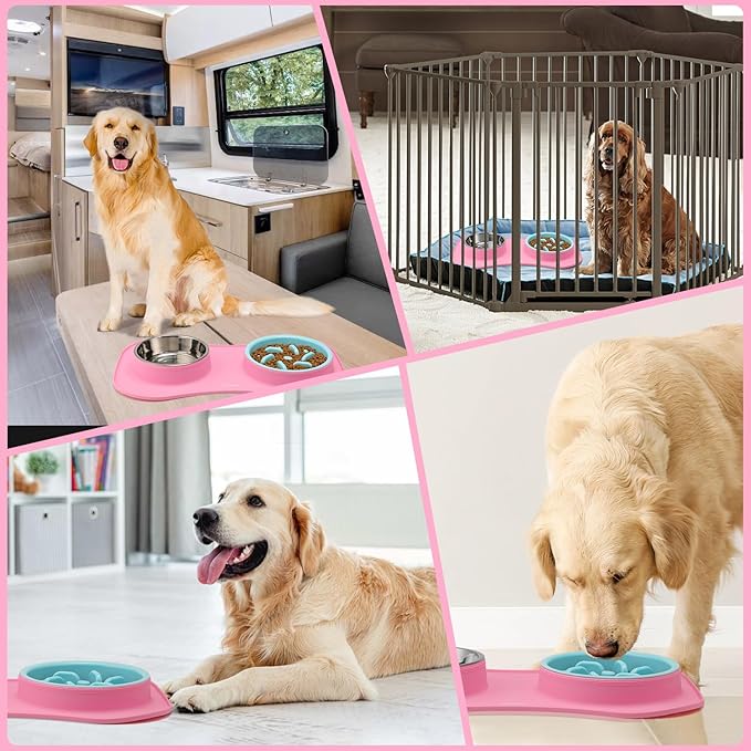 Slow Feeder Dog Bowls 3 in 1 Stainless Steel Dog Food and Water Bowls with Non-Spill Non-Skid Silicone Mat to Slow Down Eating for Large Medium Small Breed Size Dogs and Cats (Pink Blue)