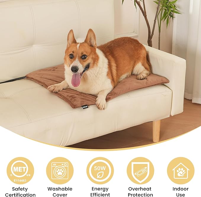 Heated Pet Pad for Dogs and Cats, Waterproof Heating Mat with Chew-Resistant Cord, Constant Warmth for Indoor & Covered Outdoor Use, Multiple Sizes and Colors (Brown, L: 26" × 20" × 1.3")