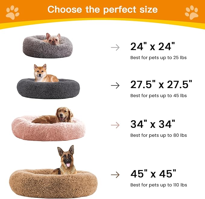 Calming Dog Beds for Large Dogs, Faux Fur Donut Cuddler Dog Bed, Round Fluffy Pillow, Washable Pet Bed for Dogs Up to 80Lbs, 36inch