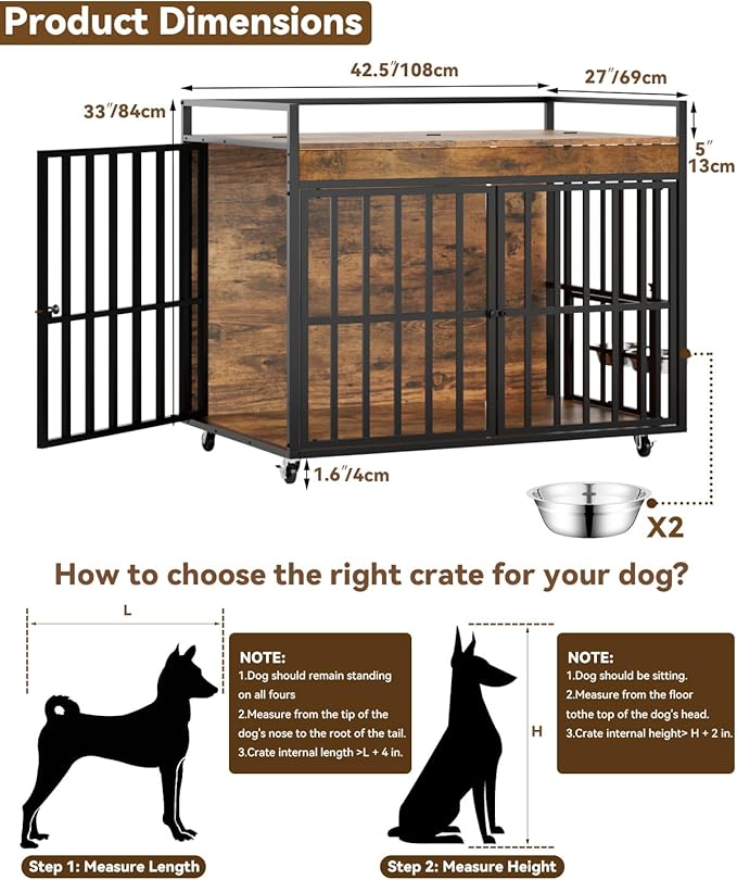 43 Inch Dog Crate Furniture, Heavy Duty Dog Kennel with 3 Doors, 2 Adjustable Bowls and Lockable Wheels, Wooden Dog House for Large Dogs, End Table Dog Cage, Rustic Brown