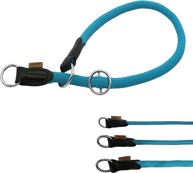 Braided Round Martingale Dog Collar, Training Collar with Slidable Stop Ring - Ideal for Medium/Large Dogs (M+(1/2") - 18" Long, Light Blue)
