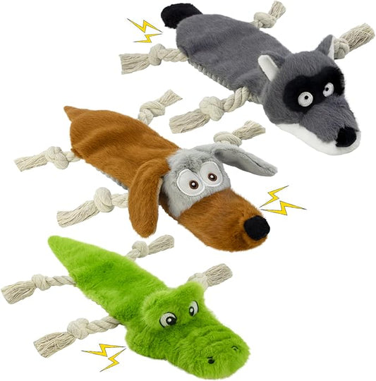 Squeaky No Stuffing Dog Toys, 3 Pack Rope Toys for Teething, Crinkle Plush Toys to Keep Them Busy, Durable Interative Dog Toys for Small Medium Large Breed.(Crocodile, Dog, Paguma Larvata)