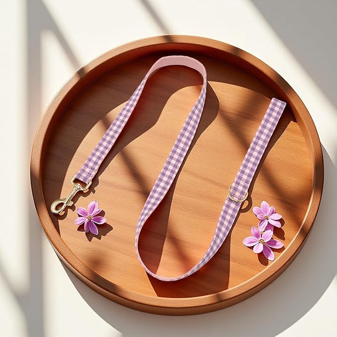 PETDURO Personalized Dog Collar Pink Purple Gingham Plaid for Large Medium Dogs | Engraved Name and Phone Number on Gold Metal Buckle for Girls | Add Leash & Bow Tie via Customize Now