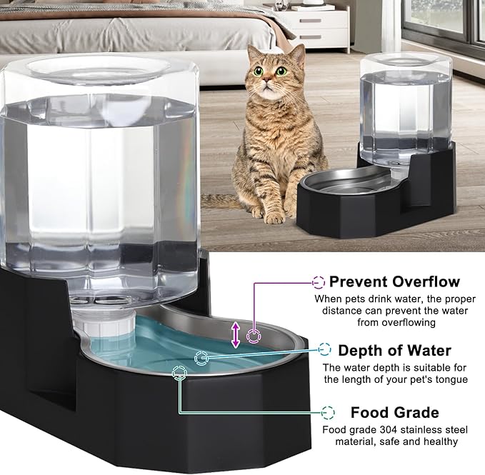 Sfozstra Gravity Water Bowl Dispenser : Automatic 5L Black Cat Stainless Steel Feeder with Specialized Brush - for Dogs with Joint Problems - Suitable in Garage Bedroom