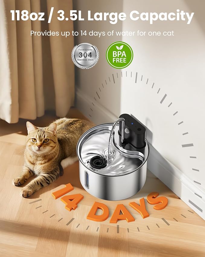 Cat Water Fountain Wireless Stainless Steel with Sensor 3.5L/118oz Battery Operated Rechargeable Automatic Water Dispenser Quiet Pump for Drinking Indoor, Easy Clean for Cats Dogs Pets