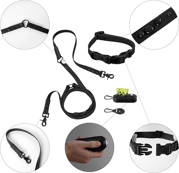 WLK1004I-5SET Luna Small 8FT Adjustable 6-in-1 Waterproof Hands-Free Leash and Collar with LED Flashlight, Bag Dispenser, and Poop Bag Holder, Bitters
