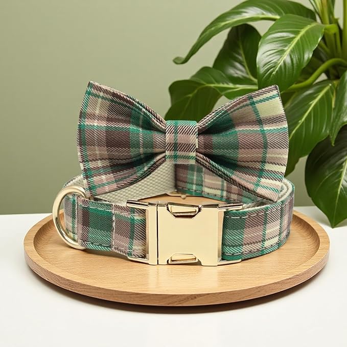 PETDURO Personalized Dog Collar Brown Green Plaid for Large Medium Dogs | Engraved Name and Phone Number on Gold Metal Buckle for Boys & Girls | Add Leash & Bow Tie via Customize Now