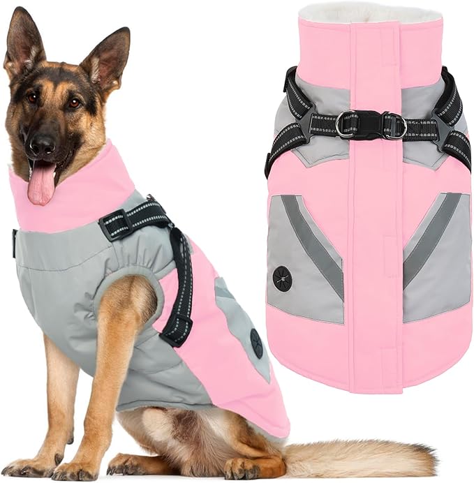 IECOii Dog Winter Coat with Harness Built in, Waterproof Windproof Dog Coats for Large Dogs, Thermal Fleece Lined Cold Weather Jackets with Zip, Outdoor Warm Snow Jacket Reflective, Pink, XLarge