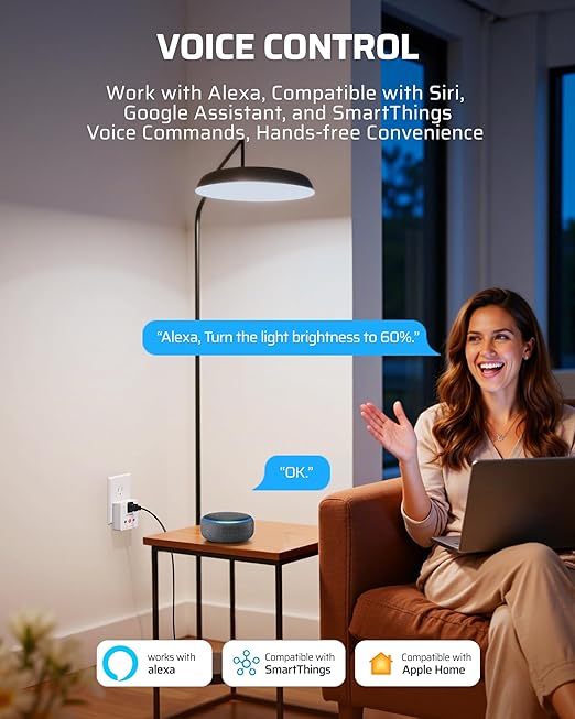 DEWENWILS Matter Plug in Dimmer Switch for Lamp, Works with Alexa, Compatible with Google Home & SmartThings APP Voice Wireless Dimmer Button Control, Dimmable LED/Tungsten Bulbs, 2.4G Wi-Fi, White