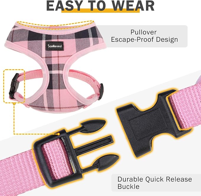 SCENEREAL Puppy Dog Harness with Leash Set for Small Medium Sized Dogs, Soft Mesh Step in Pet Harnesses and Leash, No Chock Plaid Adjustable No Pull Vest for Dogs Cats, Chihuahua,Bulldog (Pink S)