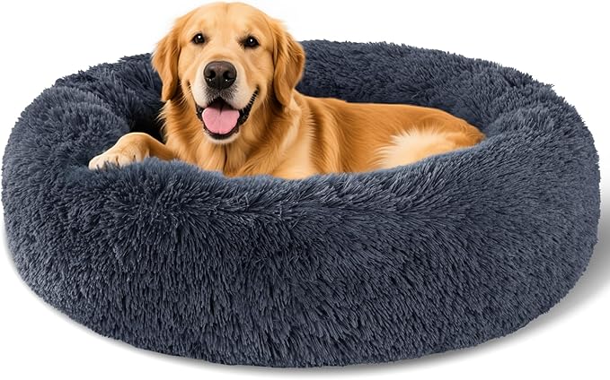 Dog Calming Beds for Medium Large Dogs Round Donut Washable Puppy Dog Bed, Anti-Slip Faux Fur Fluffy Donut Cuddle Anxiety Cat Pet Bed(36" Dark Grey)