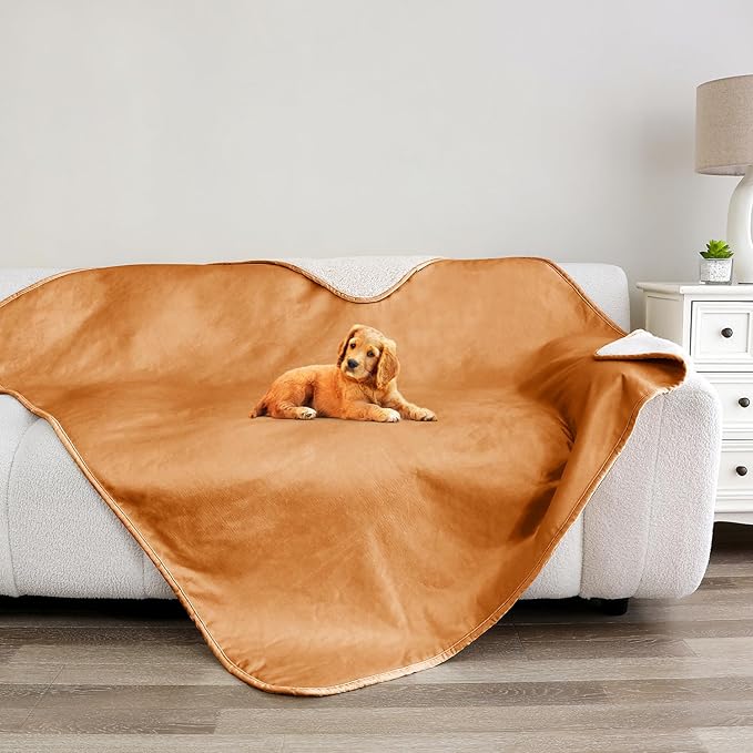 Waterproof Dog Blanket for Couch, Leak Proof Pet Blanket for Indoor Cats, Plush Sherpa Puppy Throw Furniture Protector for Sofa Bed(50"x60",XL,Orange)