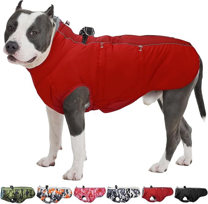 Dog Winter Jacket - Large, Warm Zip Up Snowsuit Dog Harness Vest, Reflective, Water-Resistant, Red