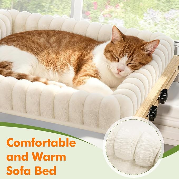 Cat Perch for Window XiaZ Cats Hammock Indoor Cat Bed for Window Adjustable Wooden Frame W/Soft Warm Plush-Lined Cushion Perfect for Bird Watching Sunbathing Space-Saving Easy Install Single Layer