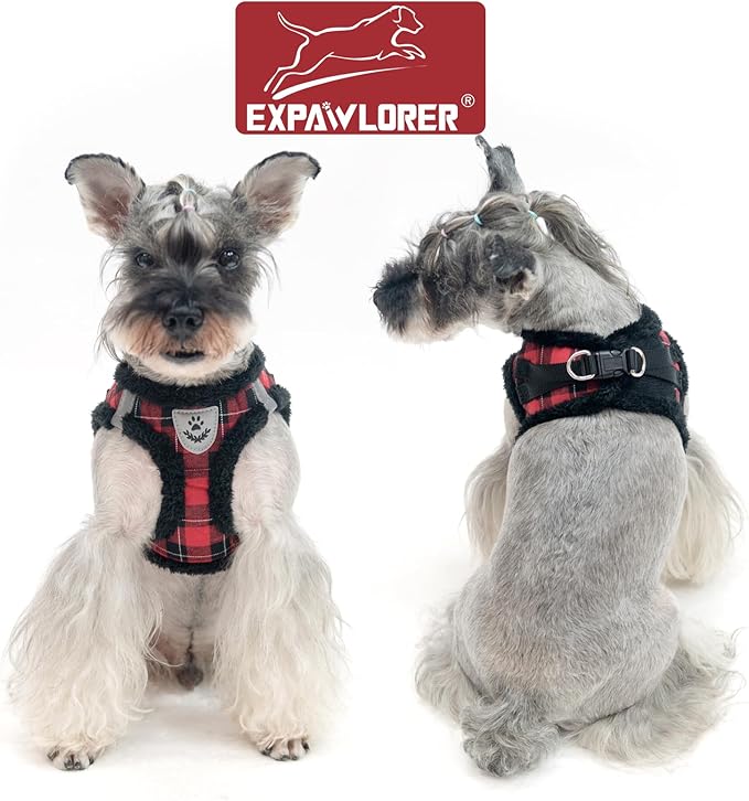 EXPAWLORER Fleece Lined Step-in Dog Harness - Soft Plush Padded Puppy Harness and Leash Set with Adjustable Dog Collar, No Pull Escape Proof Suede Dog Vest Harness for Small Dogs, Red & Black S