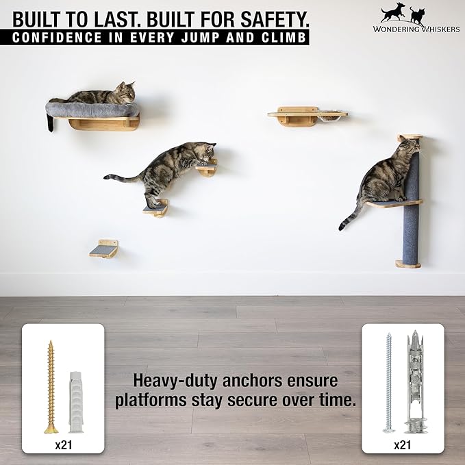 Cat Wall Shelves – Cat Wall Climber with Scratching Post, Removable Bed, Climbing Steps, and Feeding Terrace with Glass Bowls, Waterproof Rubberwood Pet Furniture