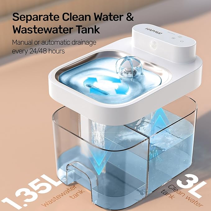 Cat Water Fountain, No Filter Cotton, App Monitoring Wastewater Separation Pet Water Fountain, 5000mAh Battery & Plug-in, 3L/101oz Wireless Automatic Water Dispenser for Cats Indoor, 2.4G Wi-Fi