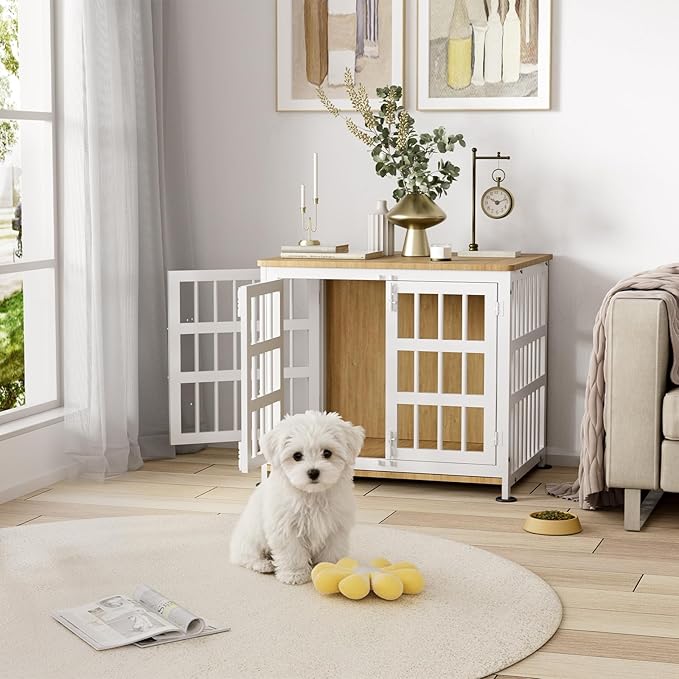 27" Dog Crate Furniture for Small Dogs, Heavy Duty Dog Cage for Small & Medium Dogs with Wheels, Indoor Puppy Crate, 26.6"L x 20.9"W x 23.8"H, Decorate House as TV Stand, End Table — Natural and White