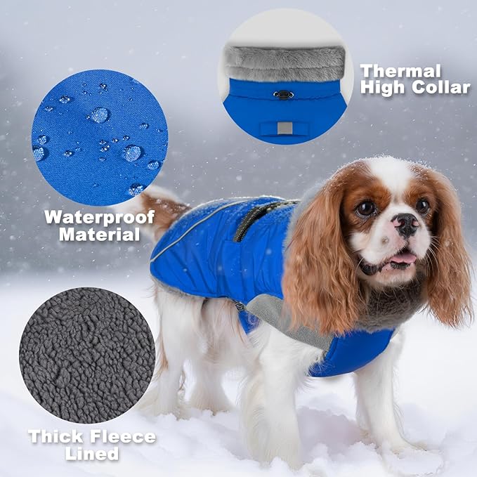 KYEESE Waterproof Dog Coat, Windproof Warm Winter Jacket with Leash Hole, Reflective Cold Weather Dog Coats for Small Dogs, Outdoor Pet Coat Cozy Puppy Jacket Thick Fleece Lined, Blue, Small