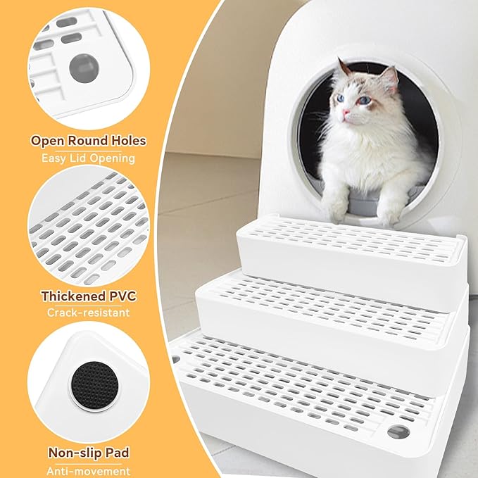 Adjustable 3 Steps Litter Box Ramp,Cat Litter Catcher, Cat Litter Box Step for Small & Elderly Cats,Easy to Clean,White