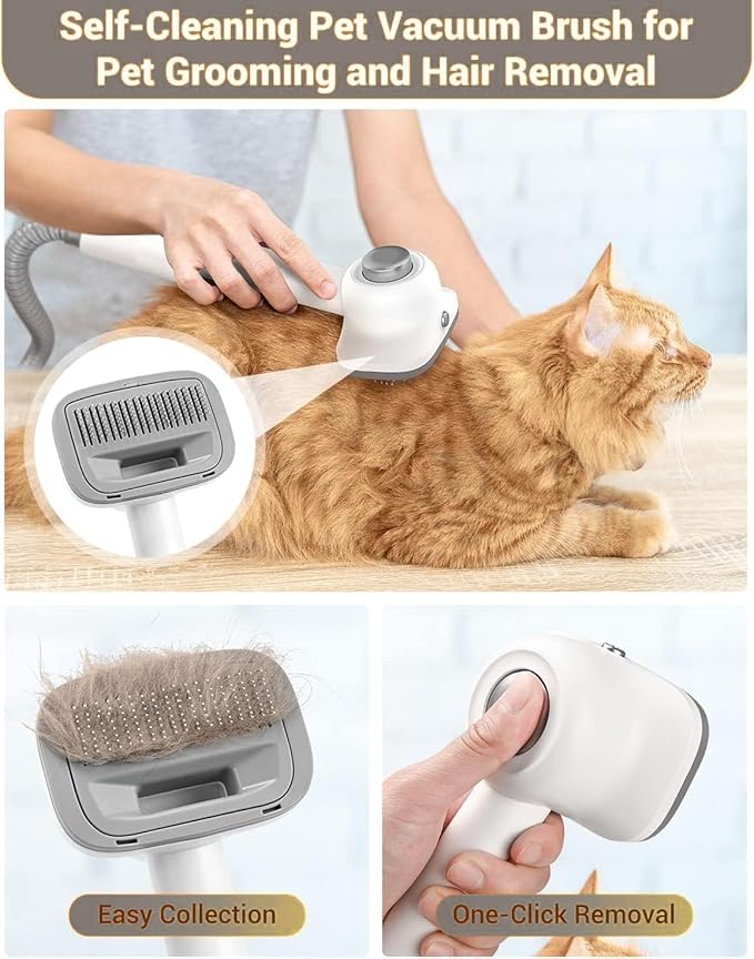Dog Vacuum Grooming Kit for Shedding: Professional Hair Clippers Pet Groomer - Strong Suction Cleaner Deshedding Tool Fur Brush Attachment Trimmer for Home Cat (Milky)
