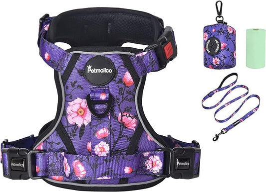 Petmolico No Pull Dog Harness Set with Leash Attachment Easy Control Handle Reflective Harness Vest Small Breed, Puppy Vest and Leash Set with Poop Bag Holder, XS - Purple Peach