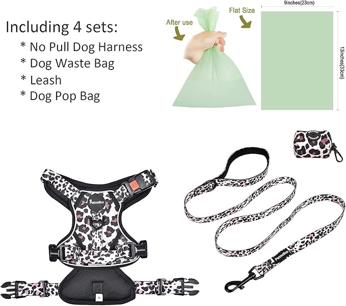 Petmolico No Pull Dog Harness Set with Leash Attachment Easy Control Handle Reflective Harness Vest Small Breed, Puppy Vest and Leash Set with Poop Bag Holder, Large - Leopard