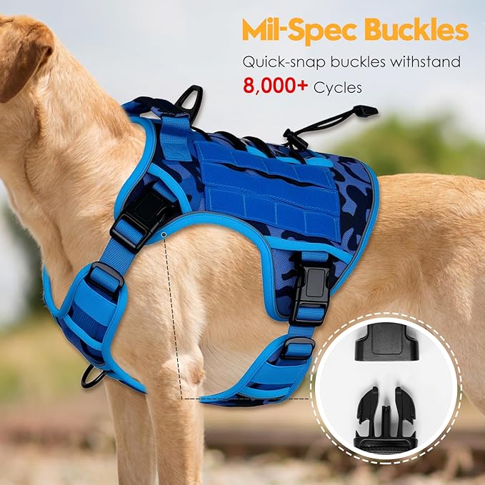 Heavy-Duty Tactical Dog Harness for Large Dogs, No Pull Adjustable Reflective Pet Vest with Molle System, K9 Military-Grade Control for Service Training, Outdoor & 10+ Breeds, Blue Camo, Large