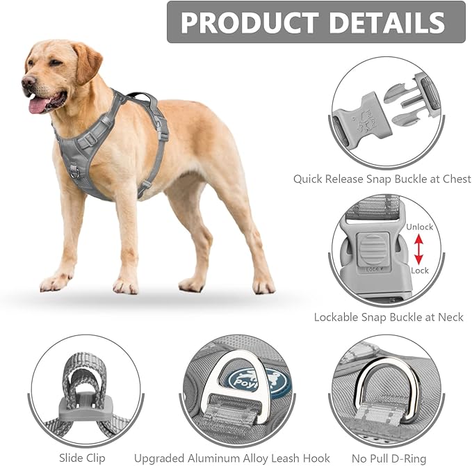 PoyPet No Pull Dog Harness, No Choke Reflective Dog Vest, Adjustable Pet Harnesses with 2 Leash Attachments with Easy Control Padded Handle for Small Medium Large Dogs(Gray,L)