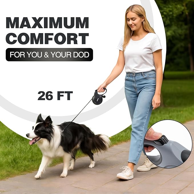PINA Upgraded Retractable Dog Leash, 26 ft Dog Leash for Small Medium Large Dogs Up to 110lbs, Heavy Duty Reflective Nylon Tape 360° Tangle-Free, with Anti-Slip Handle, One-Handed Brake, Pause, Lock