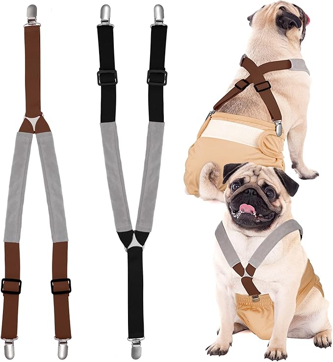 Saintrygo 2 Pcs Dog Suspenders for Diapers Female Male Belly Bands Canine Harness Keep Diaper on Your Pet for Small Medium and Large Dogs(Black, Brown,Large)