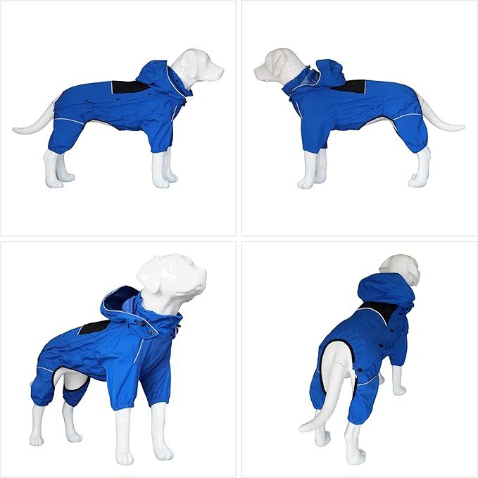 LOVELONGLONG Waterproof Dog Raincoat with Removable Hood – Outdoor Full Body Dog Jacket, Windproof Snowproof Shell Suit – All Season Pet Rain Gear Blue L