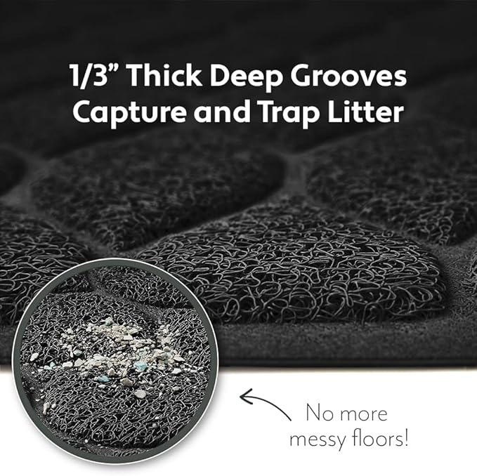 MIGHTY MONKEY Waterproof BPA Free Cat Litter Box Trapping Mat, Easy Clean Floors, Textured Backing, Soft on Sensitive Kitty Paws, Cats Accessories, Less Waste, Stays in Place, 35x23, Black