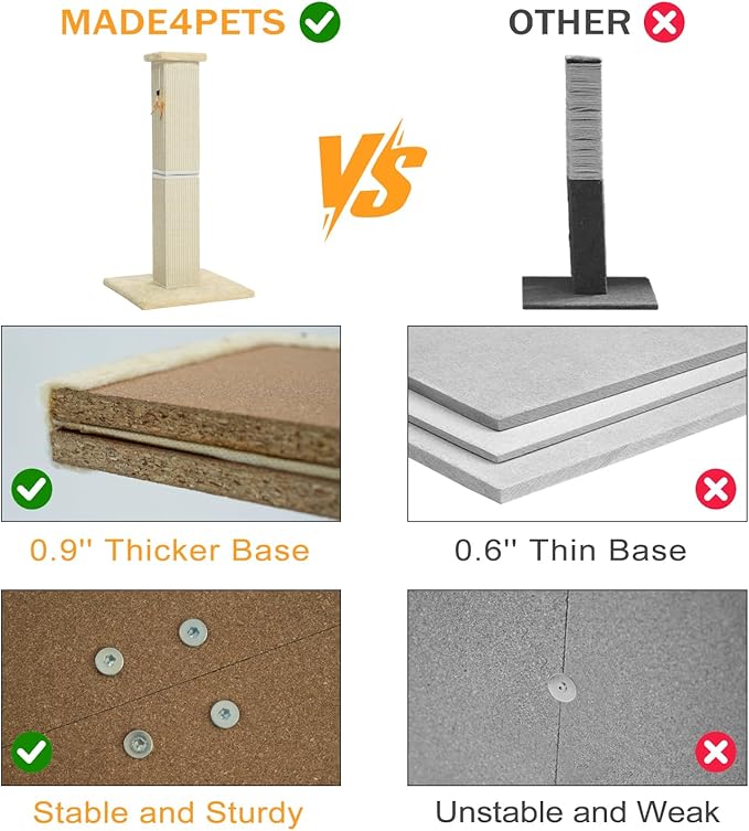 Made4Pets Cat Scratching Post, 32 Inch Natural Sisal Cat Scratcher with Kitten Toy, Tall Scratching Post for Indoor Cats Adults and Kittens, Beige